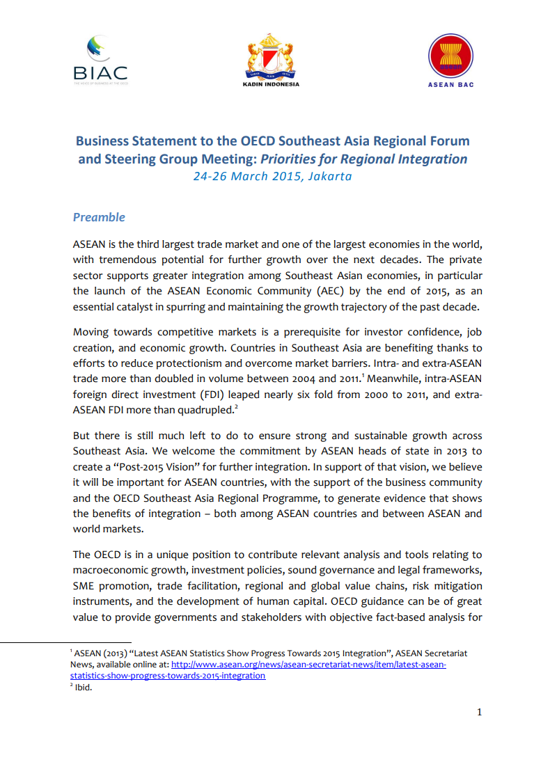 Business statement to the OECD SEA regional forum 2015