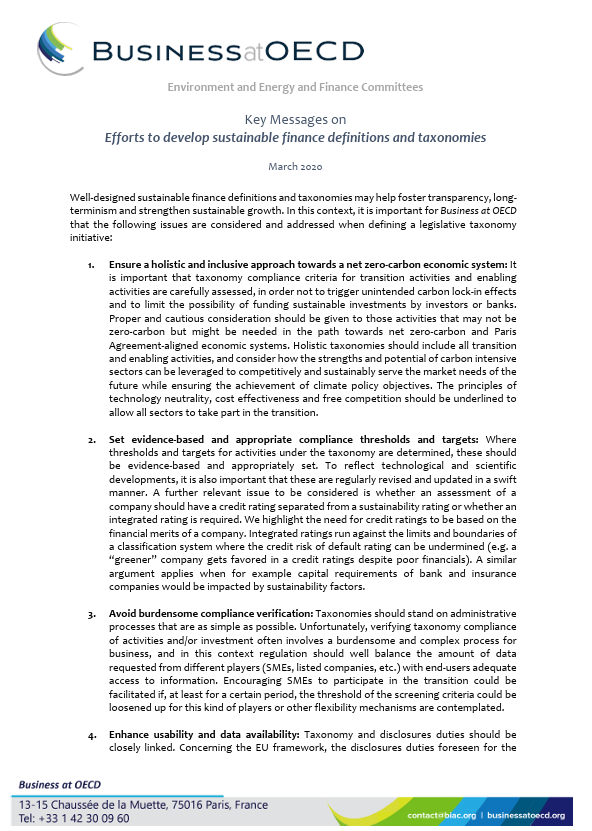 efforst to develop sustainable finance definitions and tax