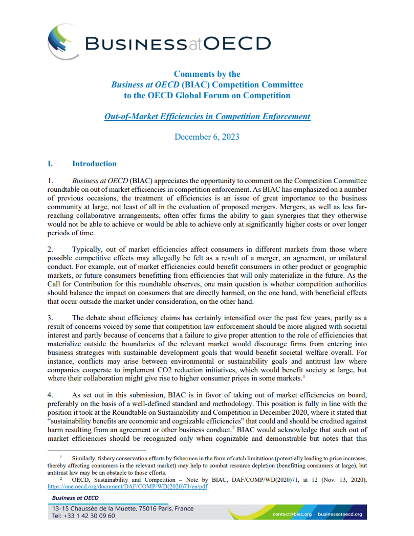 out of market efficiencies in competition enforcement