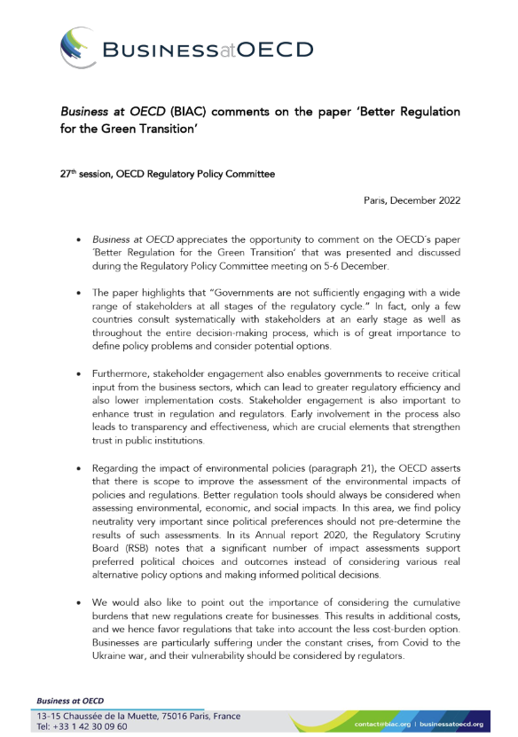 statement on better regulation for green transition